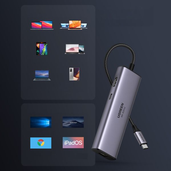 7in1 daudzfunkcionāls USB-C HUB-2X USB HDMI 4K SD karšu lasītājs un TF USB-C RJ45 1Gbps pelēks