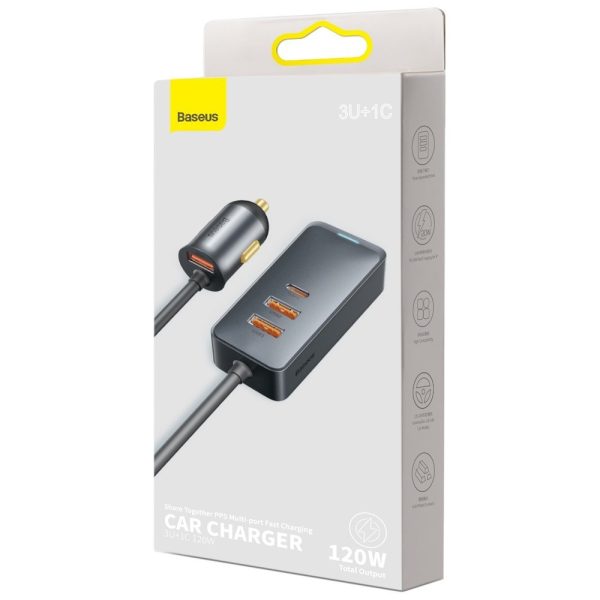 Automašīnas lādētājs 3X USB + USB-C 120W PPS QC PD GREY