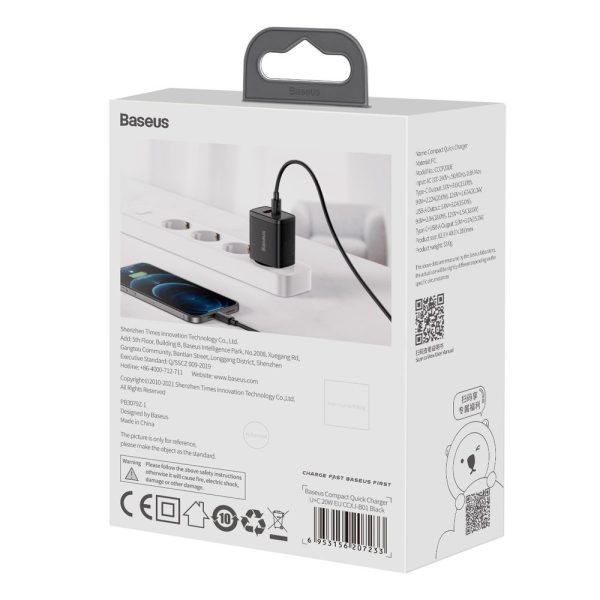 Kompakts USB USB-C 20W 3A PD QC 3.0 Melnais lādētājs ātrs lādētājs