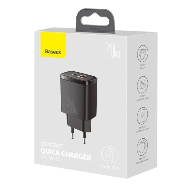 Kompakts USB USB-C 20W 3A PD QC 3.0 Melnais lādētājs ātrs lādētājs