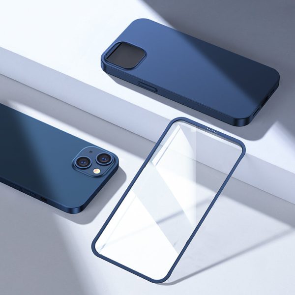 Gadījuma korpuss iPhone 13 aizmugurējā korpusā un priekšpusē + zilā rūdīta stikla