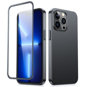 Gadījuma vāks iPhone 13 Pro Max korpusam aizmugurē un priekšpusē + rūdīts stikls melns