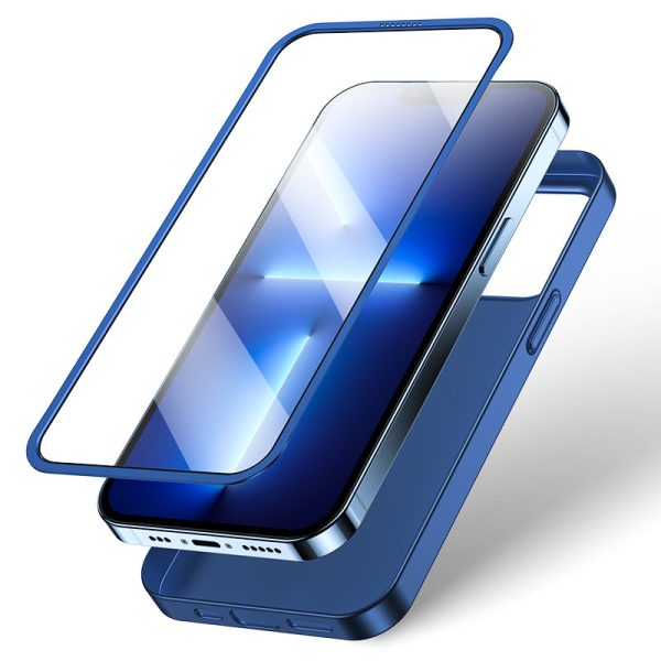 Gadījuma korpuss iPhone 13 Pro Max korpuss aizmugurē un priekšpusē + zils rūdīts stikls