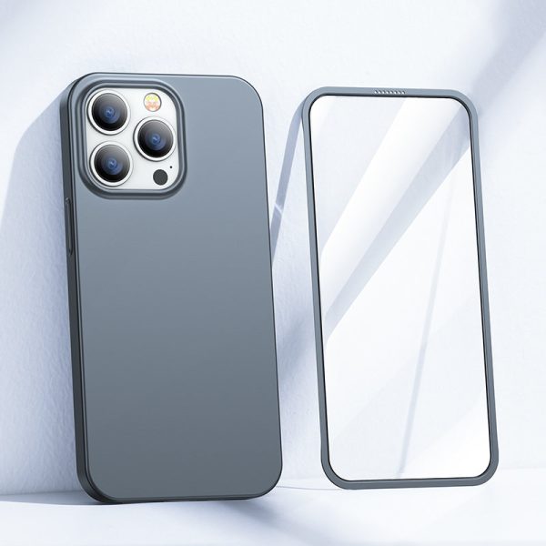 Gadījuma korpuss iPhone 13 Pro Max korpuss aizmugurē un priekšpusē + pelēks rūdīts stikls