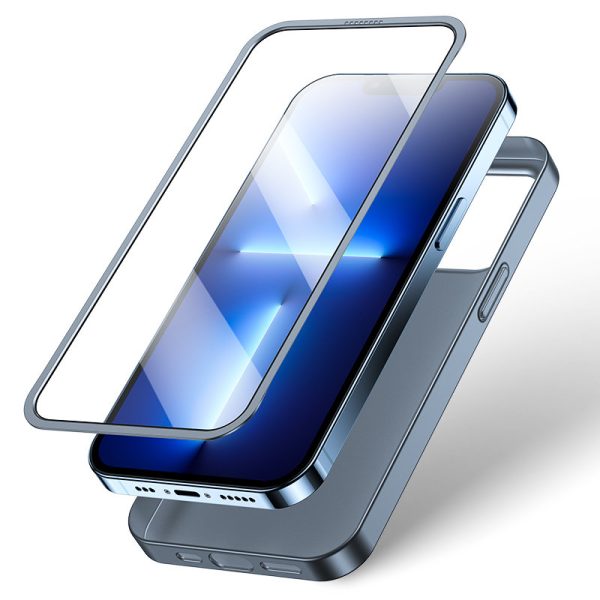 Gadījuma korpuss iPhone 13 Pro Max korpuss aizmugurē un priekšpusē + pelēks rūdīts stikls