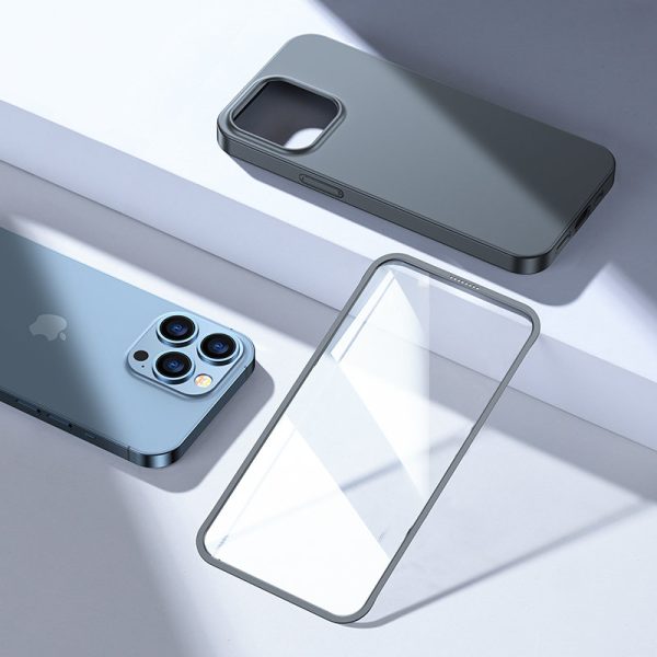Gadījuma korpuss iPhone 13 Pro Max korpuss aizmugurē un priekšpusē + pelēks rūdīts stikls