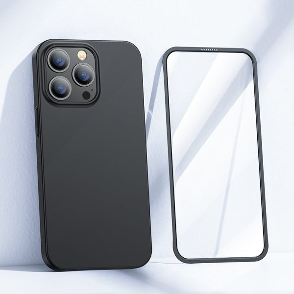Gadījuma korpuss iPhone 13 Pro korpuss aizmugurē un priekšpusē + melns rūdīts stikls