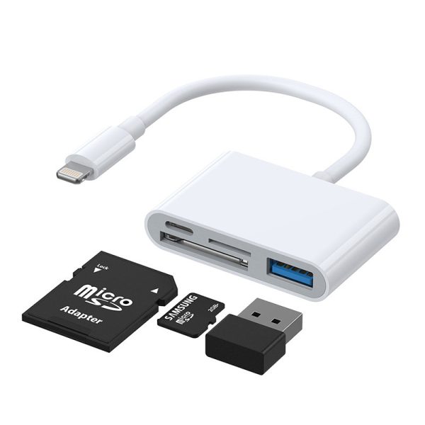 Rumbas adaptera karšu lasītāja iPhone OTG Lightning - USB SD TF balto karšu lasītājs