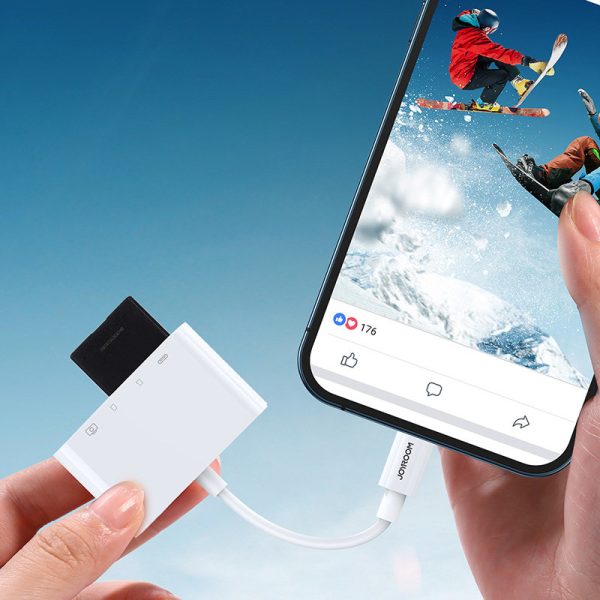 Rumbas adaptera karšu lasītāja iPhone OTG Lightning - USB SD TF balto karšu lasītājs