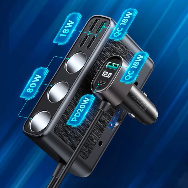 9in1 automašīnas lādētājs 5X USB 1X USB-C 3X PD LIKUMS STOP QC Black