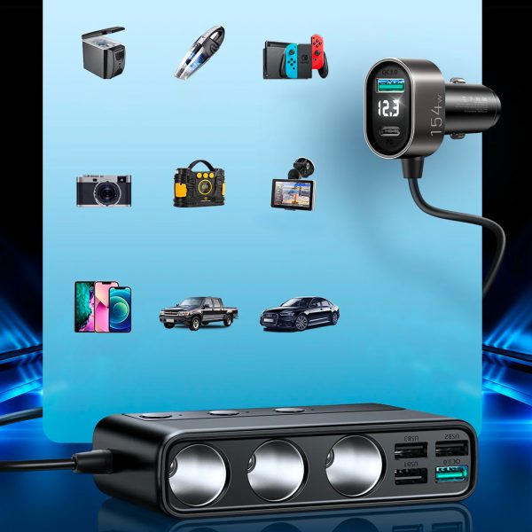 9in1 automašīnas lādētājs 5X USB 1X USB-C 3X PD LIKUMS STOP QC Black