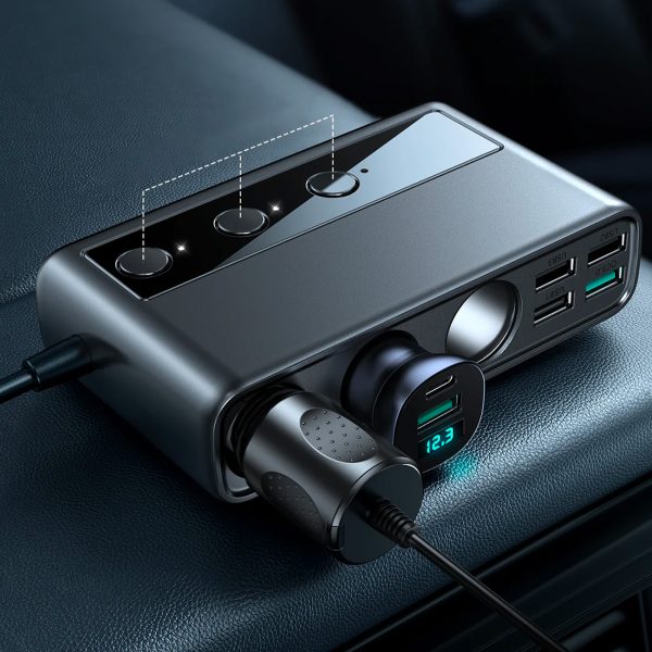 9in1 automašīnas lādētājs 5X USB 1X USB-C 3X PD LIKUMS STOP QC Black