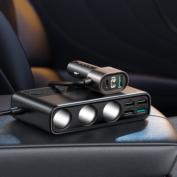 9in1 automašīnas lādētājs 5X USB 1X USB-C 3X PD LIKUMS STOP QC Black
