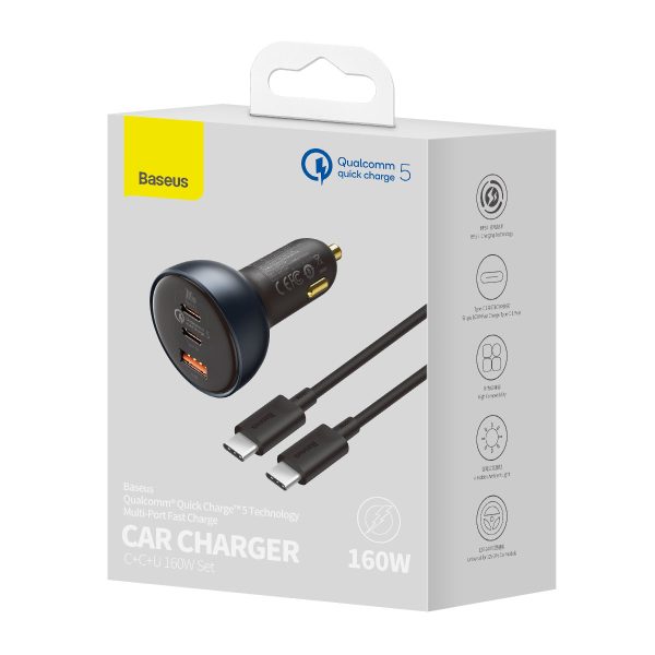 Ātrās automašīnas lādētājs USB USB-C 160W PPS Quick Charge 5 Pd pelēks
