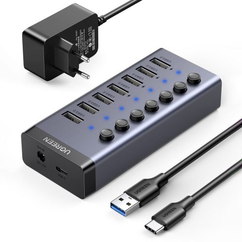 7in1 daudzfunkcionāls centrmezgls USB -C izplatītājs - 7x USB 3.0 PD DC 12V pelēks