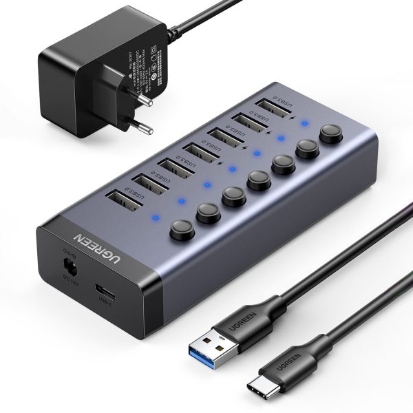 7in1 daudzfunkcionāls centrmezgls USB -C izplatītājs - 7x USB 3.0 PD DC 12V pelēks