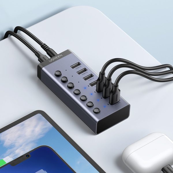 7in1 daudzfunkcionāls centrmezgls USB -C izplatītājs - 7x USB 3.0 PD DC 12V pelēks