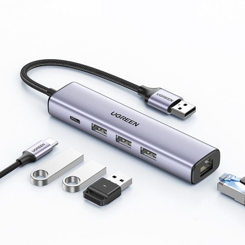 Daudzfunkcionāls centrmezgla adapteris USB 3.0 izplatītājs-3X USB Ethernet RJ-45 USB-C PD pelēks