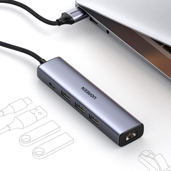 Daudzfunkcionāls centrmezgla adapteris USB 3.0 izplatītājs-3X USB Ethernet RJ-45 USB-C PD pelēks