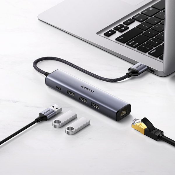 Daudzfunkcionāls centrmezgla adapteris USB 3.0 izplatītājs-3X USB Ethernet RJ-45 USB-C PD pelēks
