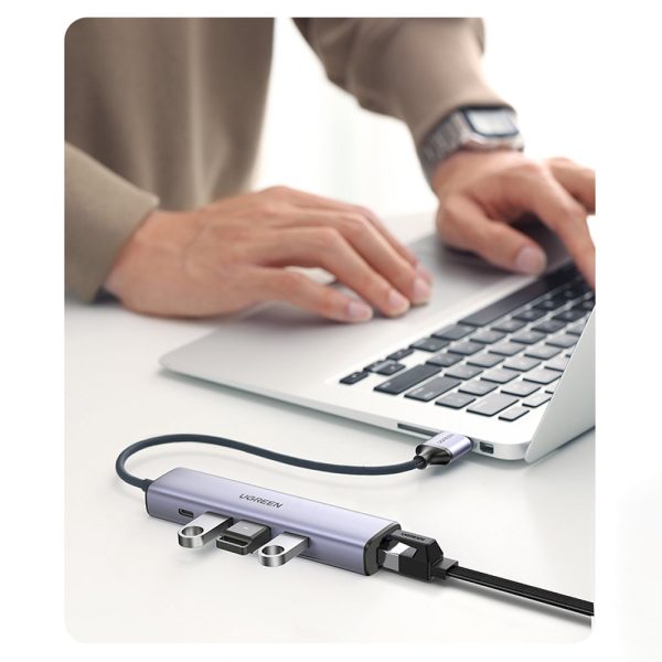Daudzfunkcionāls centrmezgla adapteris USB 3.0 izplatītājs-3X USB Ethernet RJ-45 USB-C PD pelēks