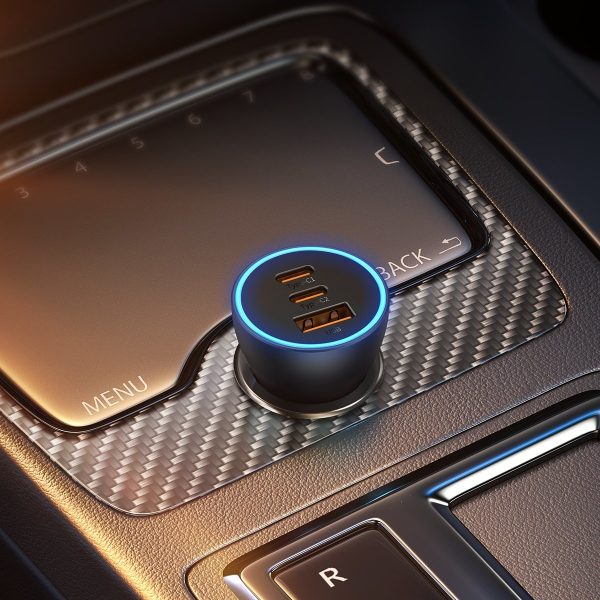 Zelta kontaktoru pro USB + 2X USB-C 65W tumši pelēkas automašīnas lādētājs