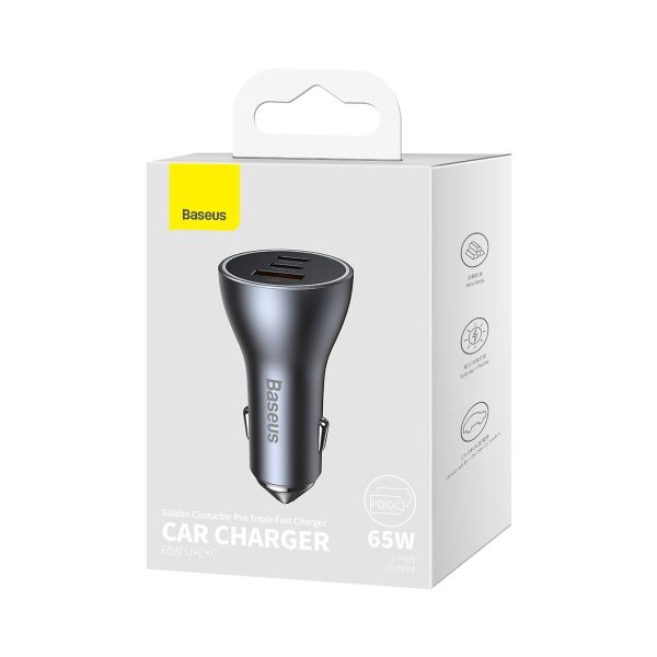 Zelta kontaktoru pro USB + 2X USB-C 65W tumši pelēkas automašīnas lādētājs