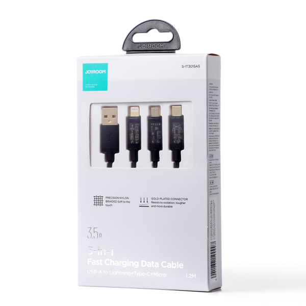 3in1 USB kabelis - USB -C / Lightning / Micro USB 3,5 un 1,2 m melns