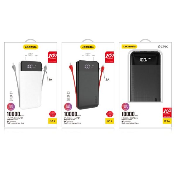 PowerBank 1000mah 2a + 3in1 zibens USB-C Micro USB 3A kabelis melns