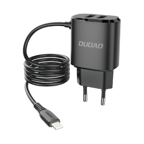 2x USB lādētājs ar iebūvētu iPhone zibens 12w melns kabelis
