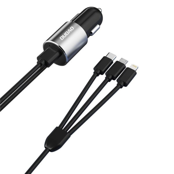 3in1 USB automašīnas lādētājs + iebūvēts zibens USB-C Micro USB melns kabelis