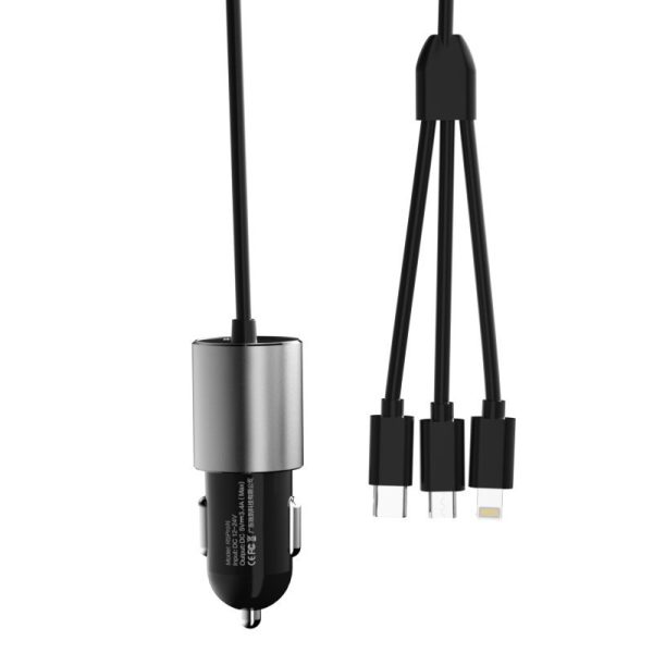 3in1 USB automašīnas lādētājs + iebūvēts zibens USB-C Micro USB melns kabelis