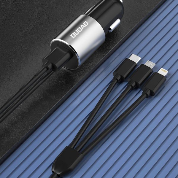 3in1 USB automašīnas lādētājs + iebūvēts zibens USB-C Micro USB melns kabelis