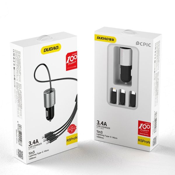 3in1 USB automašīnas lādētājs + iebūvēts zibens USB-C Micro USB melns kabelis