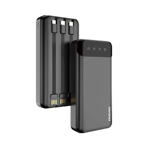 Ietilpīgs PowerBank 20 000 mAh ar 3 iebūvētiem USB-C microUSB zibens melniem kabeļiem