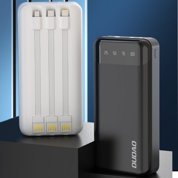 Ietilpīgs PowerBank 20 000 mAh ar 3 iebūvētiem USB-C microUSB zibens melniem kabeļiem