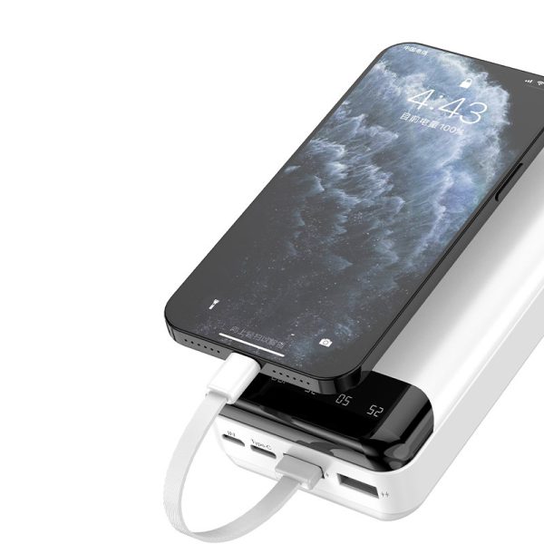 Ietilpīgs PowerBank 20 000 mAh ar 3 iebūvētiem USB-C microUSB zibens melniem kabeļiem