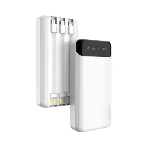 Ietilpīgs PowerBank 20 000 mAh ar 3 iebūvētiem USB-C microUSB zibens baltajiem kabeļiem