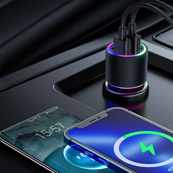 2x USB automašīnas lādētājs ar 24W fona apgaismojumu