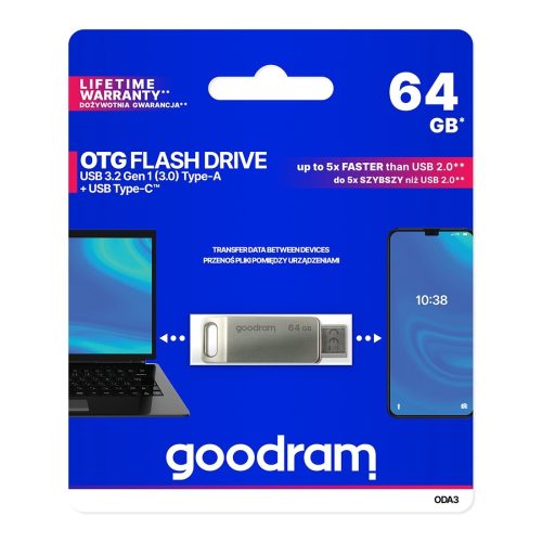 Pendrive 64GB divi USB 3.2 + USB-C otg ODA3 sudraba savienotāji