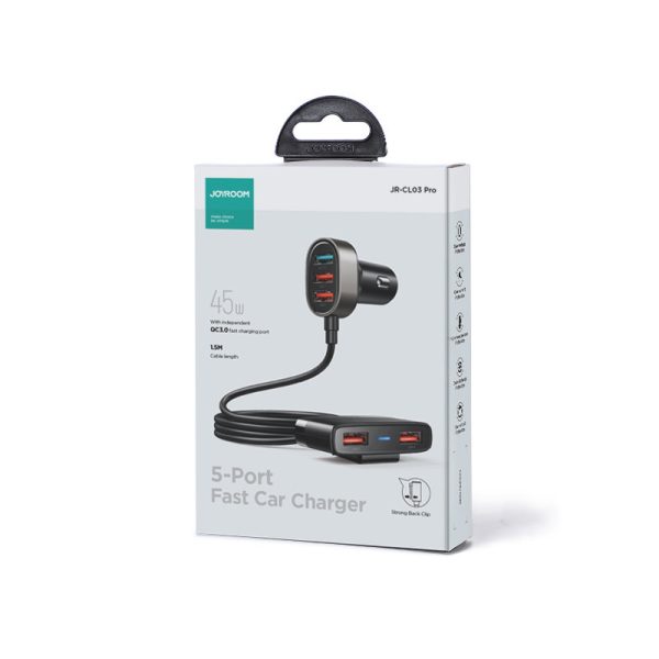Ātra automašīnas lādētājs 5x USB ar 45W pagarinātāja vadu