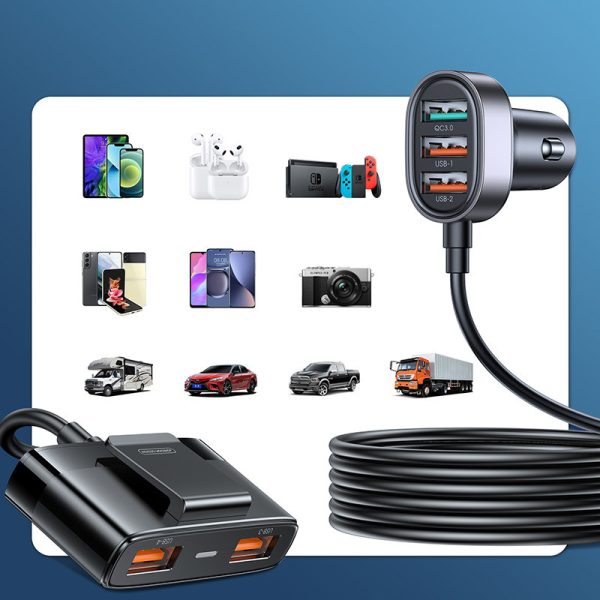 Ātra automašīnas lādētājs 5x USB ar 45W pagarinātāja vadu