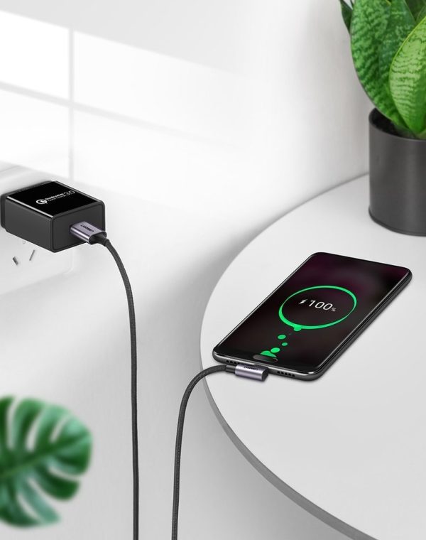 Kabeļa leņķa kabelis stiprā USB pītā - USB -C QC 3,0 3A 2m pelēkā krāsā
