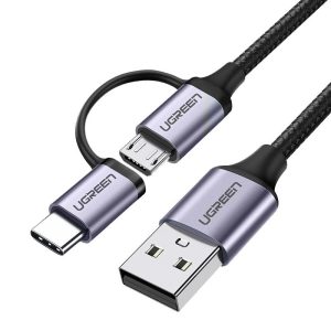 2in1 kabeļa kabelis spēcīgā pinuma USB - Microusb + USB -C 1M 2