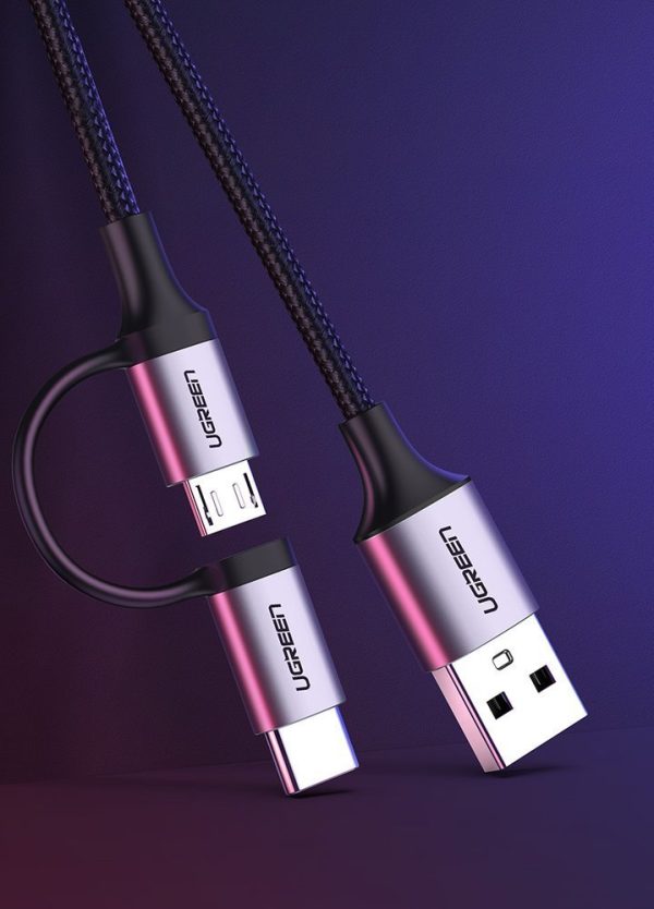 2in1 kabeļa kabelis spēcīgā pinuma USB - Microusb + USB -C 1M 2,4a melns