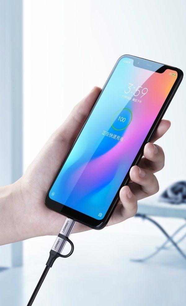 2in1 kabeļa kabelis spēcīgā pinuma USB - Microusb + USB -C 1M 2,4a melns