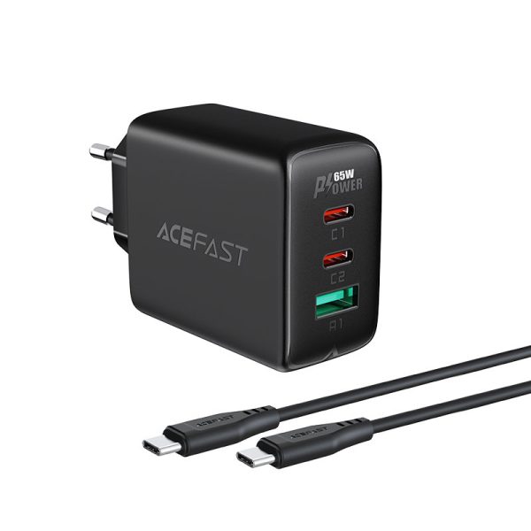 2in1 2x USB-C USB 65W tīkla lādētājs + USB-C kabelis melns