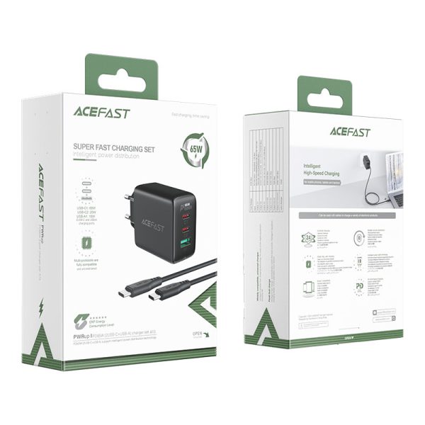 2in1 2x USB-C USB 65W tīkla lādētājs + USB-C kabelis melns