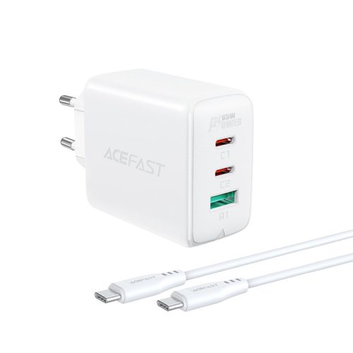 2in1 2x USB-C USB 65W tīkla lādētājs + USB-C kabeļa baltais