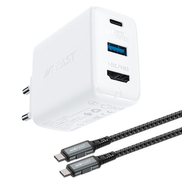 2in1 tīkla lādētājs ar USB-C kabeli + USB-C adaptera adapteris-HDMI 4K balts